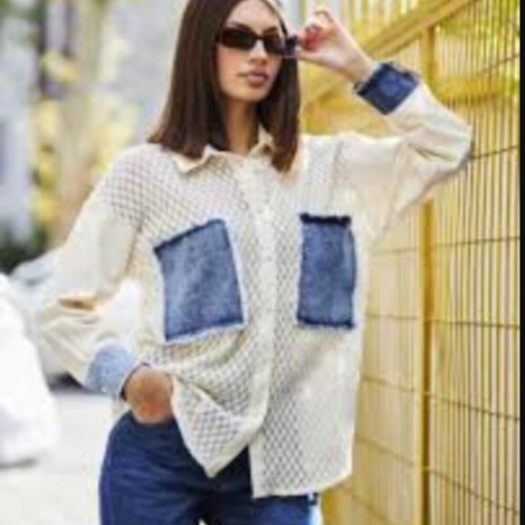 Tiffany & Tomato Knitted Crochet Denim Patch Blouse Shirt - Picture 1 of 10